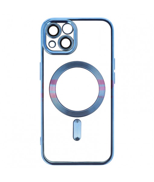 Husa iPhone 13, Premium MagSafe Electro, Spate Transparent, Rama Albastra
